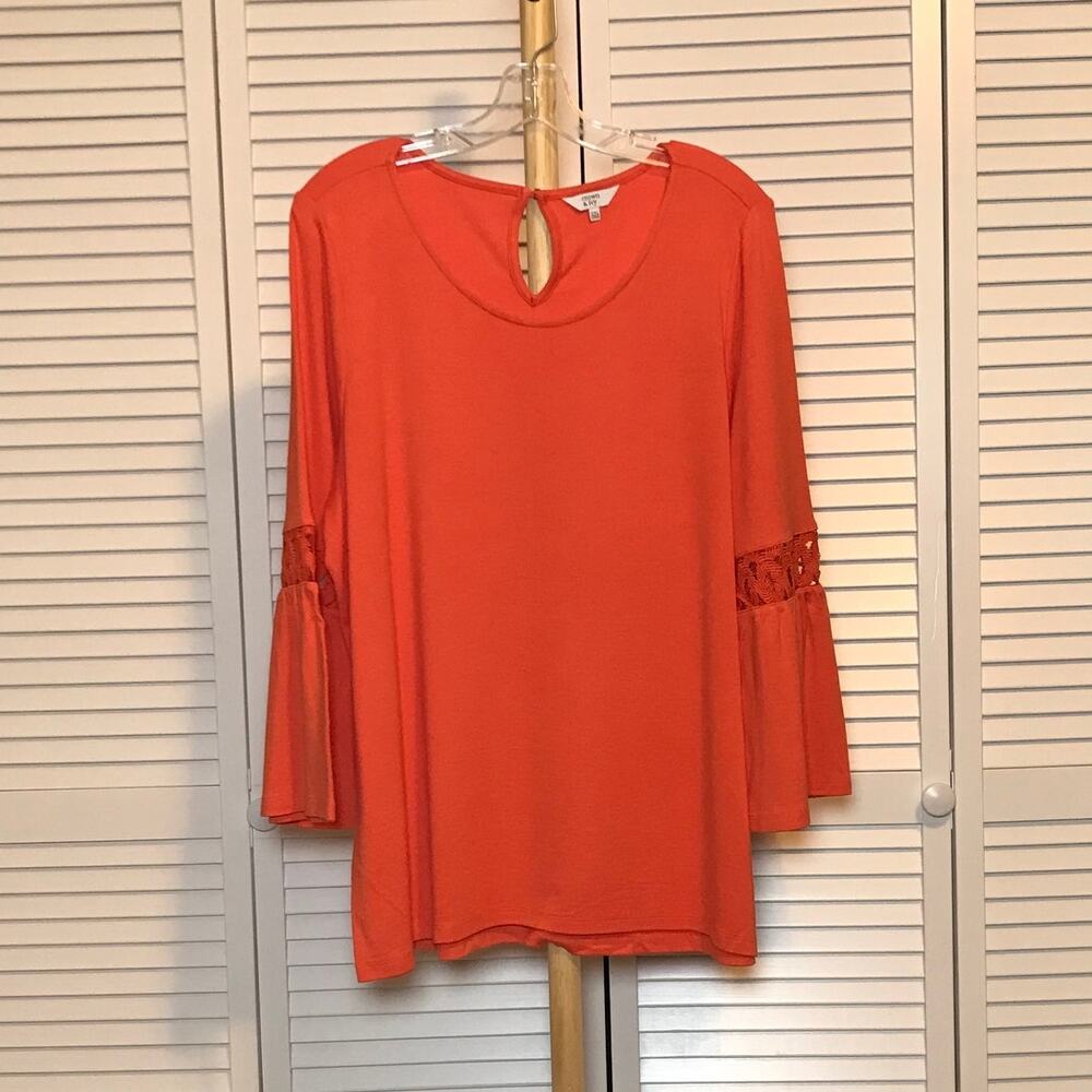 NWT Crown & Ivy Coral Flowy Boho Scoop Neck Long Bell Sleeve Blouse XXL